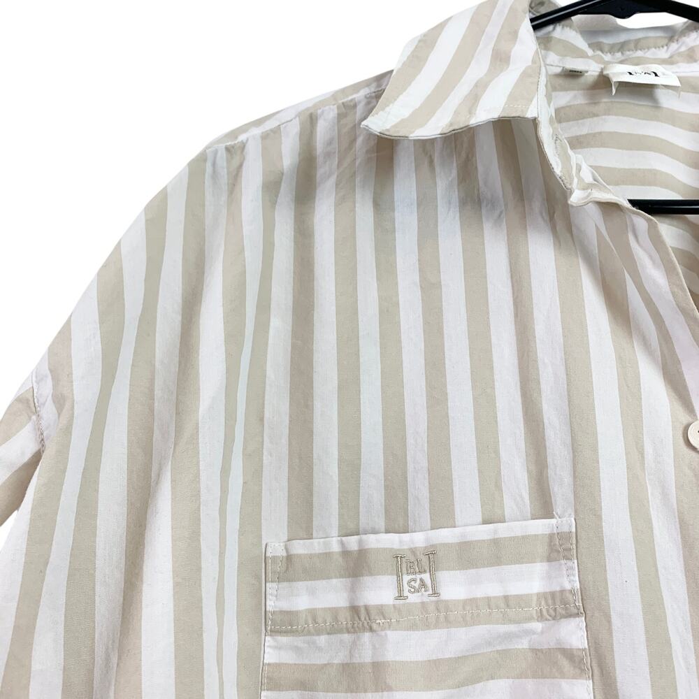 Helsa Cotton Poplin Striped Oversized Button Front Shirt Top Beige Stripe OS - Picture 10 of 13